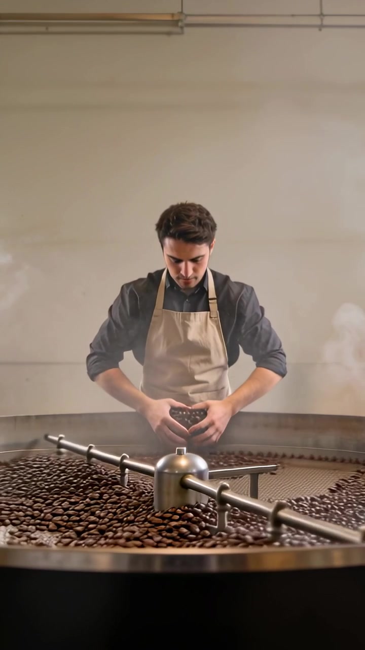 Vertical video: Checking roaster scooping, cupping beans as steam rises in roastery drum apron arms