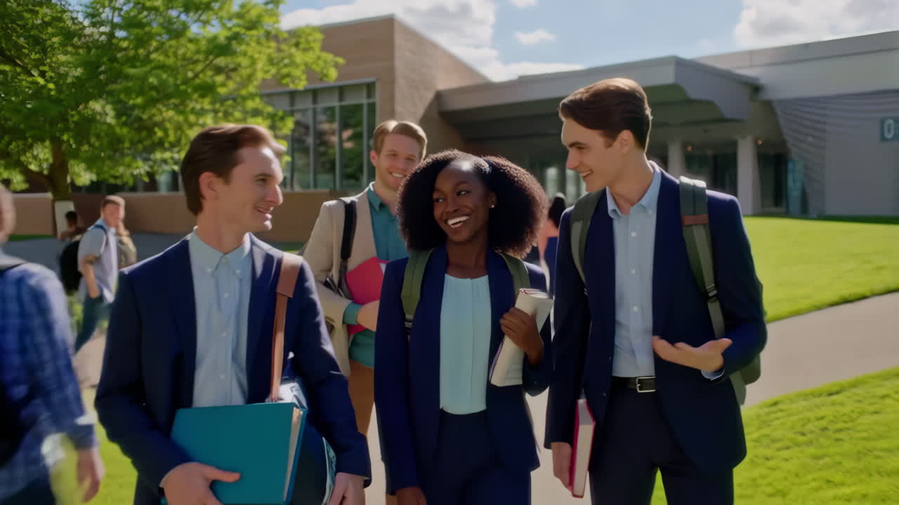 Group of college students walking on campus