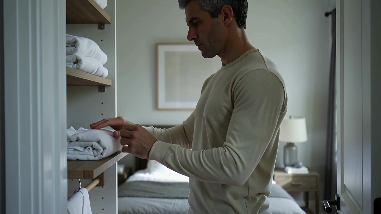 Seeing messy towels, man in top and pants smoothing, stacking linens on bedroom shelf to organize
