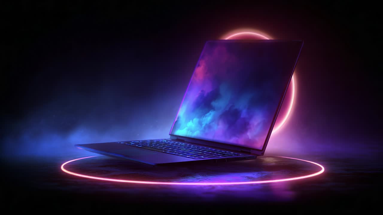 A Captivating View of a Laptop with a Mystical Neon Glow, Set Against a Dark Atmospheric Background Featuring Vibrant Colors and Ethereal Light Effects, Perfect for Tech Enthusiasts and Designers