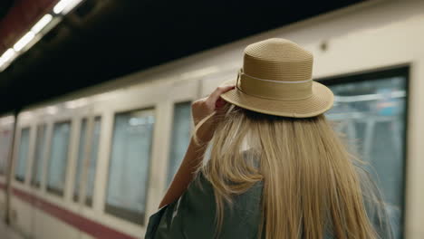 woman in hat waiting for metro train