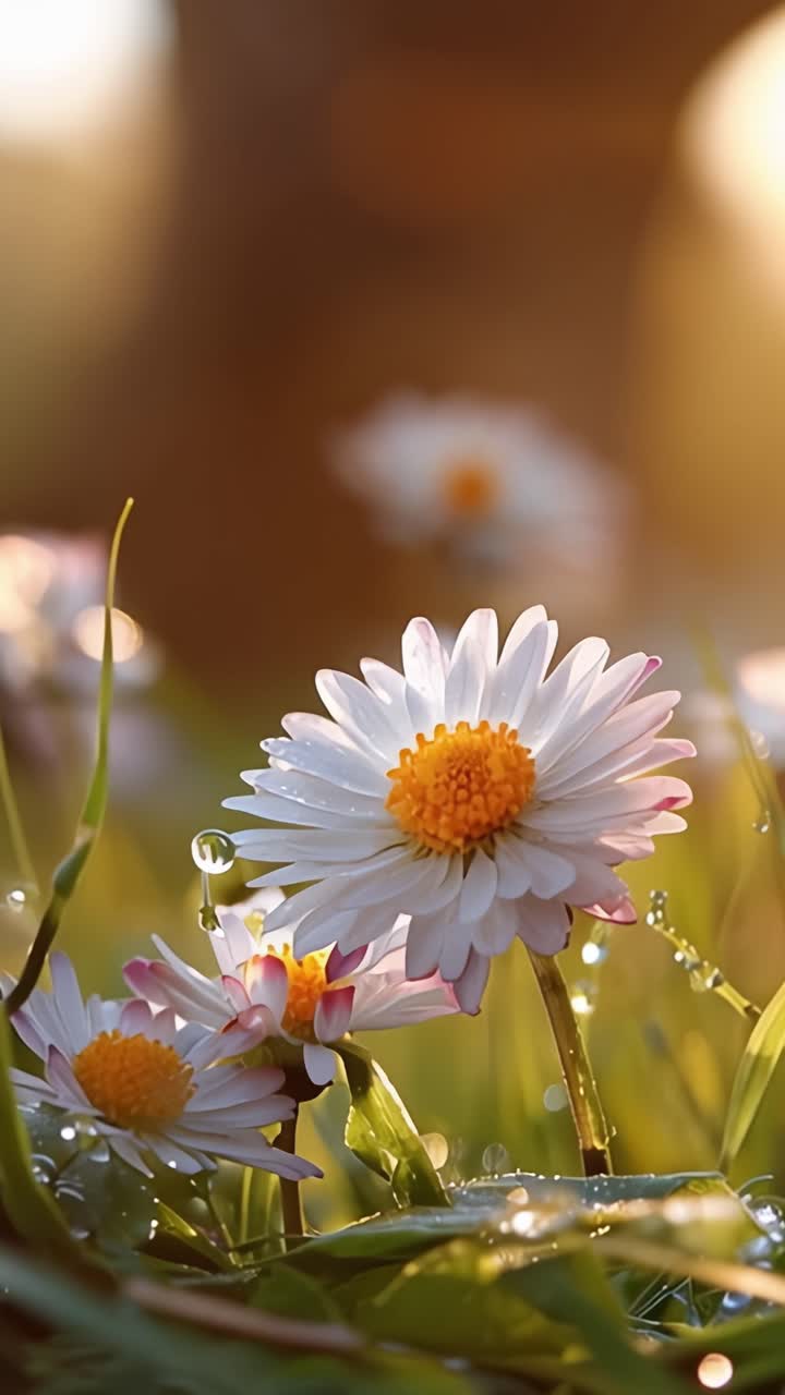 A Serene Meadow at Dawn with Dew-Kissed Daisies Bathed in Soft Golden Light Showcasing Nature's Beauty and Tranquility in Early Morning Hours