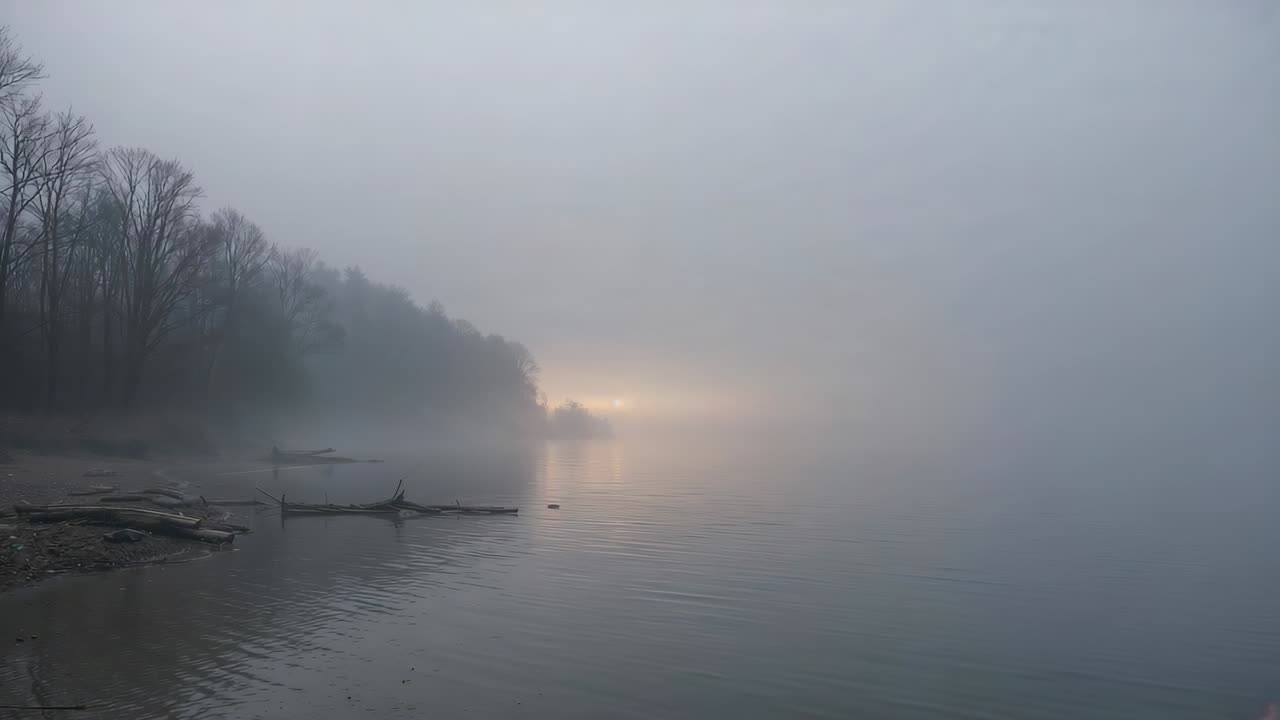 Rippling foggy river surface starting mid-right, showing driftwood, muddy shore and distant glow