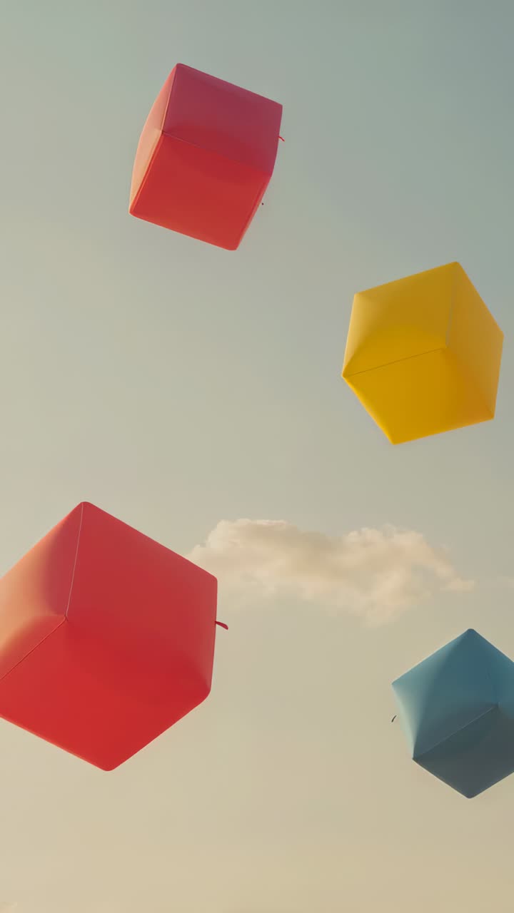 Vertical video: Floating four cube lanterns rising, turning as mild breeze lifts by white cloud