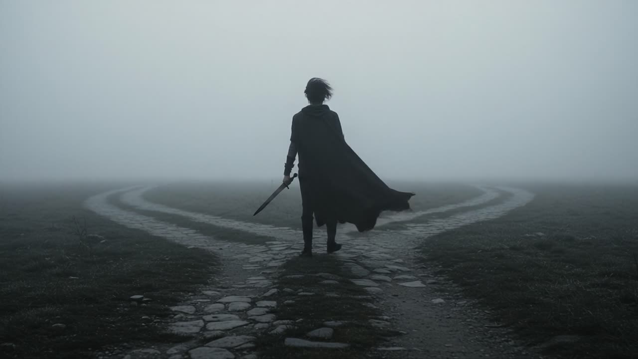 A solitary figure stands at a foggy crossroads, draped in shadows, contemplating their path with an unsheathed sword, embodying the essence of uncertainty and choice