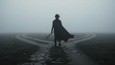 a solitary figure stands at a foggy crossroads, draped in shadows, contemplating their path with an unsheathed sword, embodying the essence of uncertainty and choice