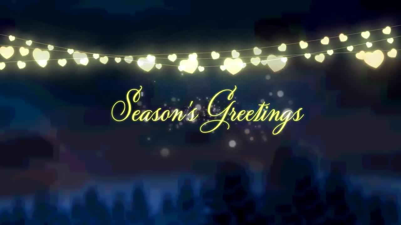 Animazione di auguri di Natale e lucine scintillanti su un paesaggio invernale