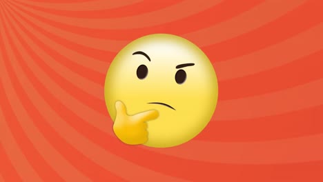 Digital-animation-of-thinking-face-emoji-against-moving-radial-rays-on-orange-background