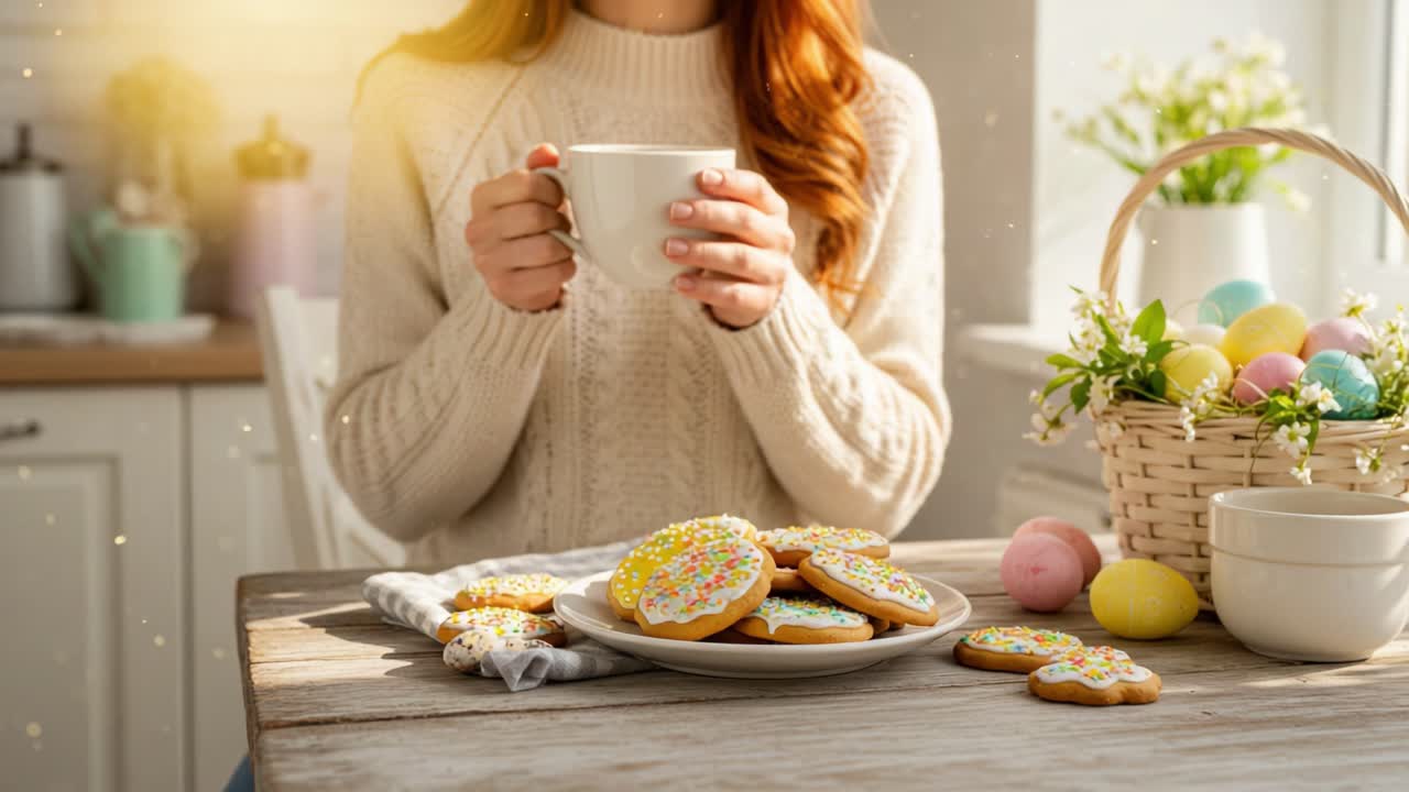 Mattina accogliente con biscotti fatti in casa e una bevanda calda: una scena rilassante perfetta per celebrare la primavera e lo stare insieme a casa
