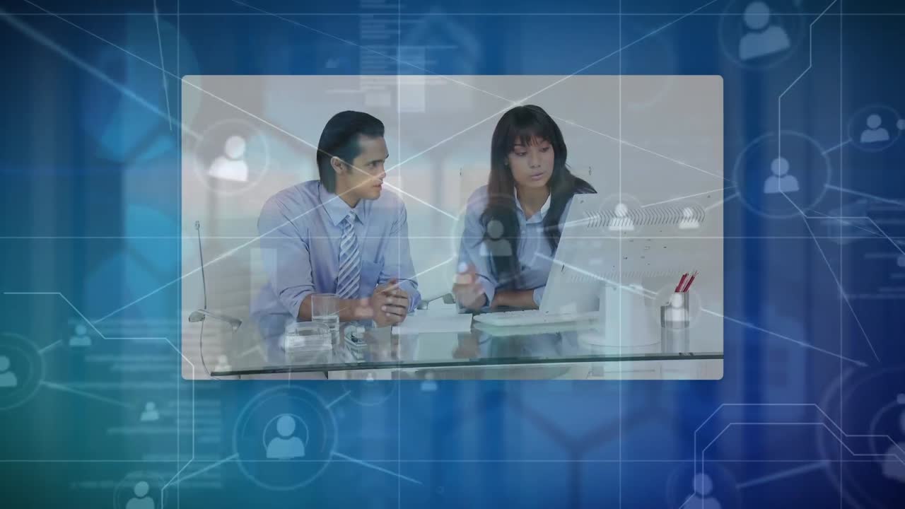 블루 스페이스 위의 화면에서 다양한 사업가들에 대한 아이콘으로 연결의 애니메이션