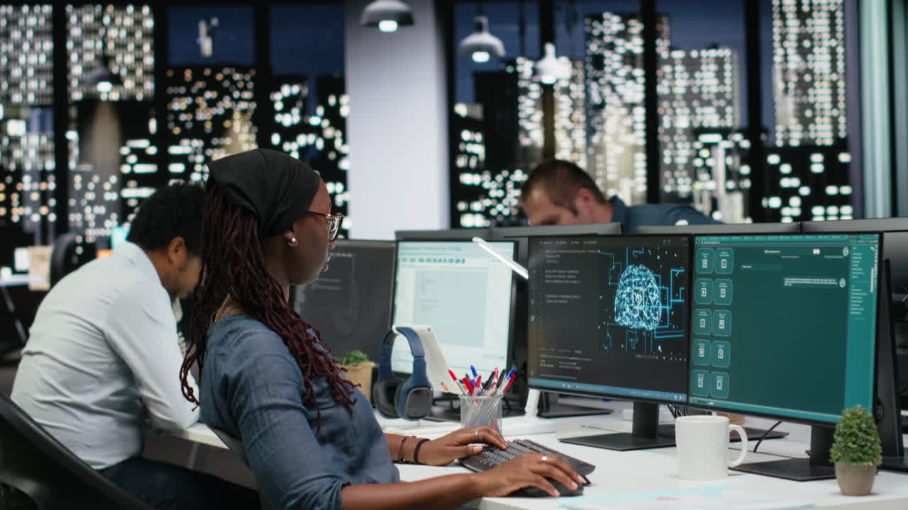 African American Woman Programmer Working on Multiple Computer Screens in Office