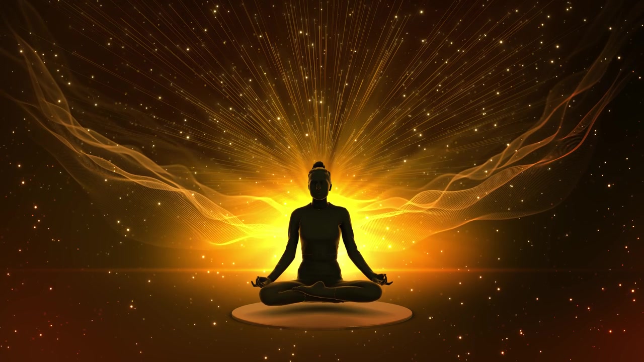 Energia della mandala per meditazione spirituale. Sfondo di meditazione nello spazio profondo. Silhouette lucente in posizione del loto.