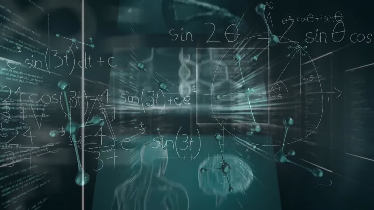 Animation of data processing over black background and screens