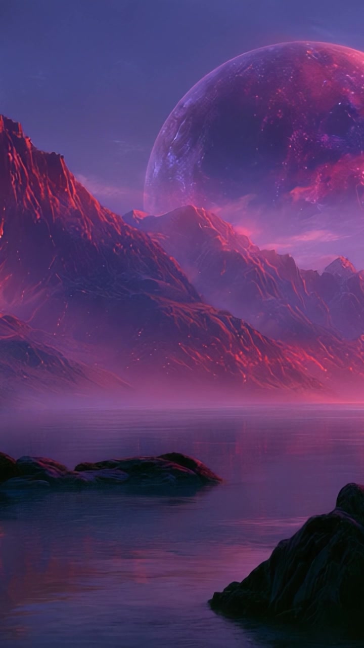 A Stunning Cosmic Landscape Featuring Majestic Mountains, Vibrant Pink and Purple Hues, and a Glorious Celestial Body Over a Serene Body of Water at Dusk