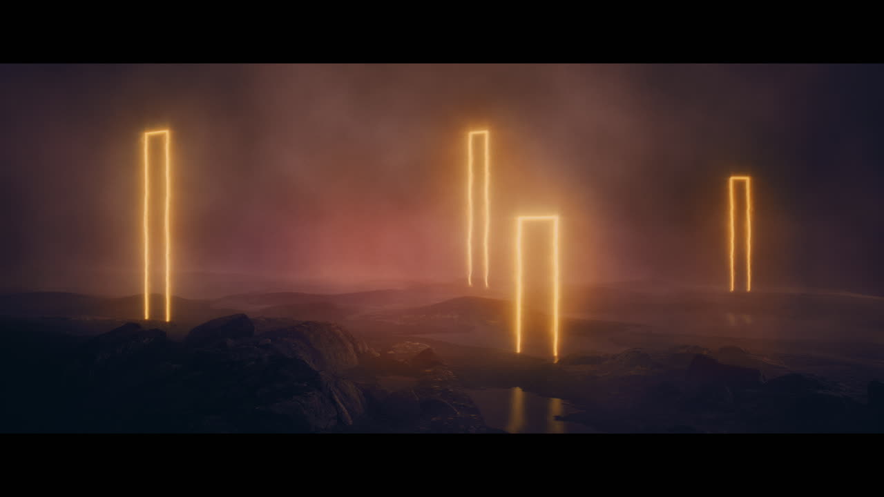 Rocky landscape with huge pink light portal structures