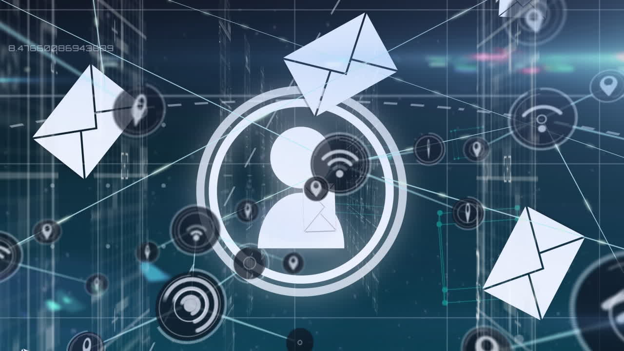 Animation af et netværk af forbindelser over ikoner på sort baggrund