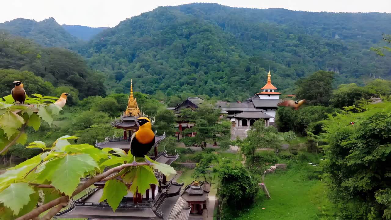 Birds Perched Near Ancient Temples in a Mountainous Forest