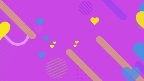 Animation-of-hearts-and-shapes-on-purple-background