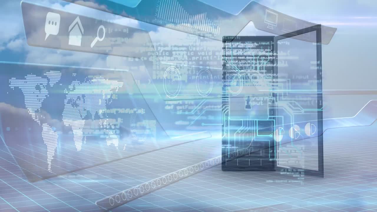 데이터 서버와 지구 지도와 함께 위를 가리키는 화살표