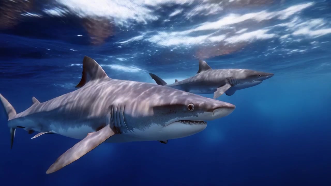 A Stunning Underwater Encounter with Majestic Sharks Swimming Gracefully in Clear Ocean Waters, Capturing Their Power and Beauty in Dynamic Ocean Scenes