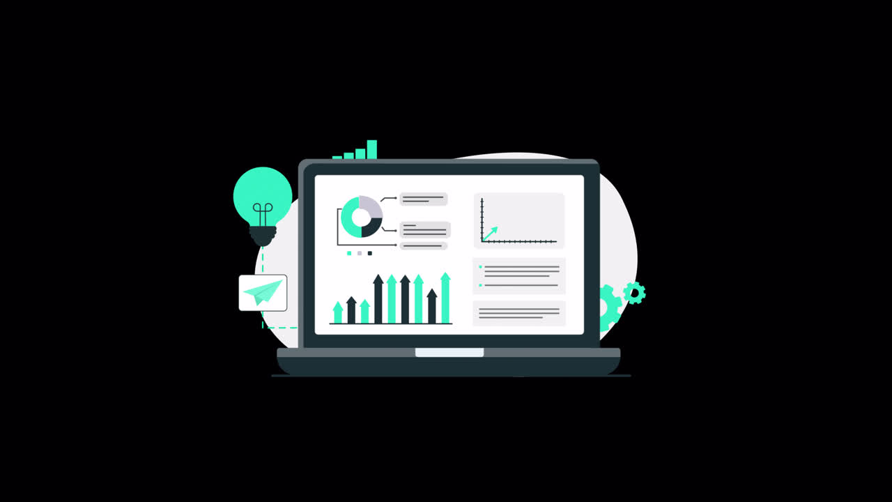 Animated Laptop Displaying Business Data and Growth Charts