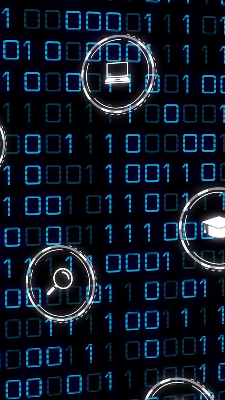 Animation of network of connections with icons and binary coding on black background