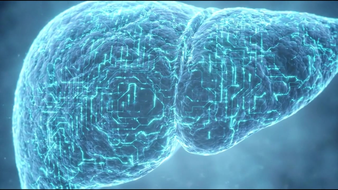 Glowing blue 3D human liver anatomical organ model render