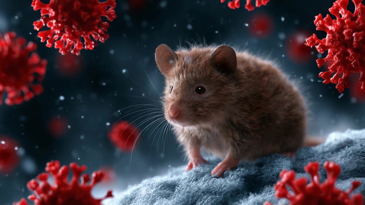 Un Primo Piano di un Topo Carino Circondato da Virus dai Colori Vivaci in una Scena Scientifica Ipotetica, Evidenziando le Complessità dell'Interazione tra Microrganismi e dei Modelli Animali