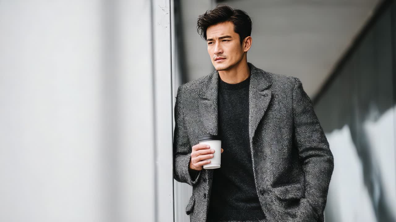 A Stylish Man in a Grey Coat Enjoys His Coffee While Standing by a Modern Architectural Structure, Exuding Sophistication and Thoughtfulness