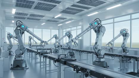 advanced robotics in a modern factory: an insight into automated assembly lines featuring high-tech robotic arms performing precise tasks in a clean environment