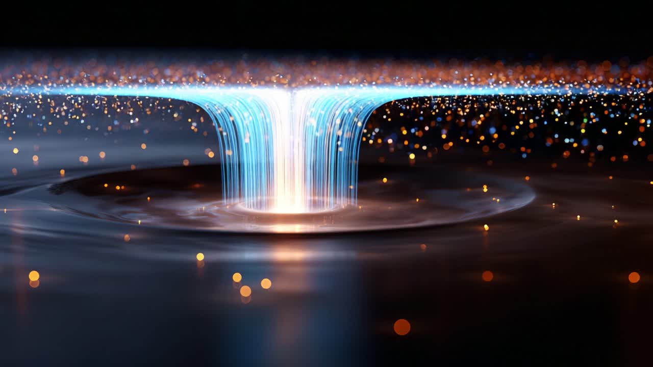 A mesmerizing visual of a cosmic vortex creating a stunning display of light and particle effects, as energy spirals downward into an abyss, evoking curiosity and wonder about the universe's mysteries