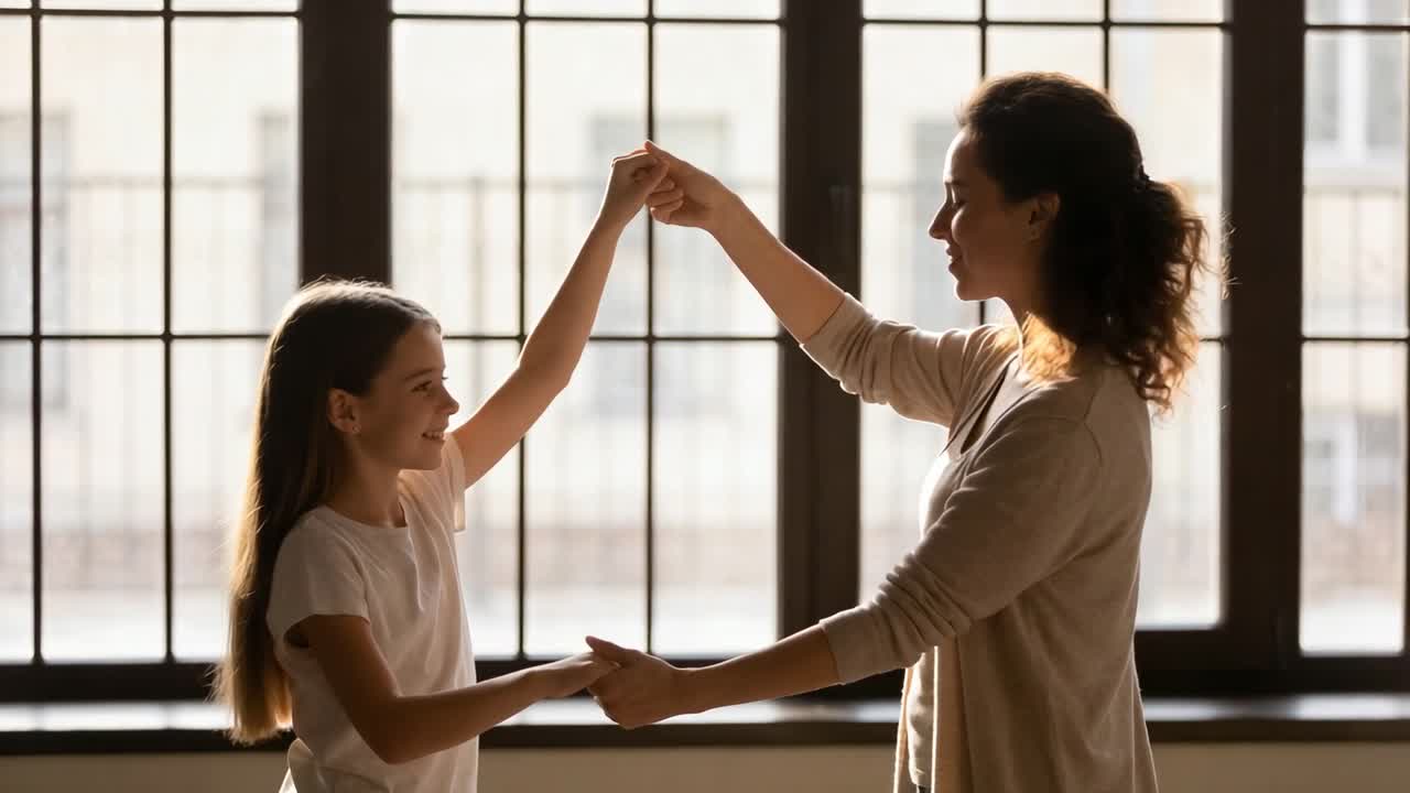 Raising arm, mom in cardigan guiding daughter in tee through twirl in grid window, teaching dance