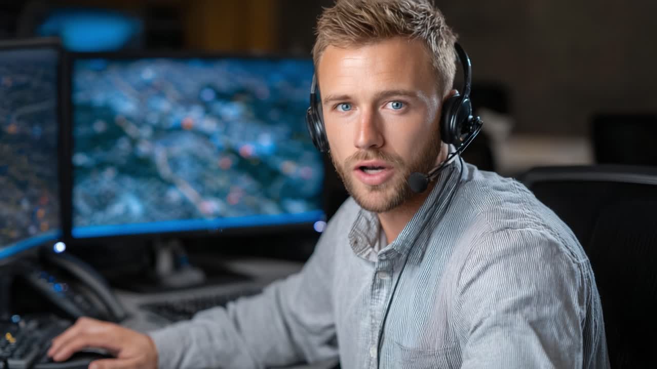 An Engaged Male Operator with Headset Displays Focus and Surprise While Assisting at a Dual-Monitor Workstation in a Modern Office Environment