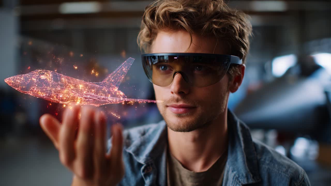 Una visione futuristica dell'aviazione: realtà aumentata che mostra un jet olografico nelle mani di un giovane innovatore in un moderno ambiente di hangar