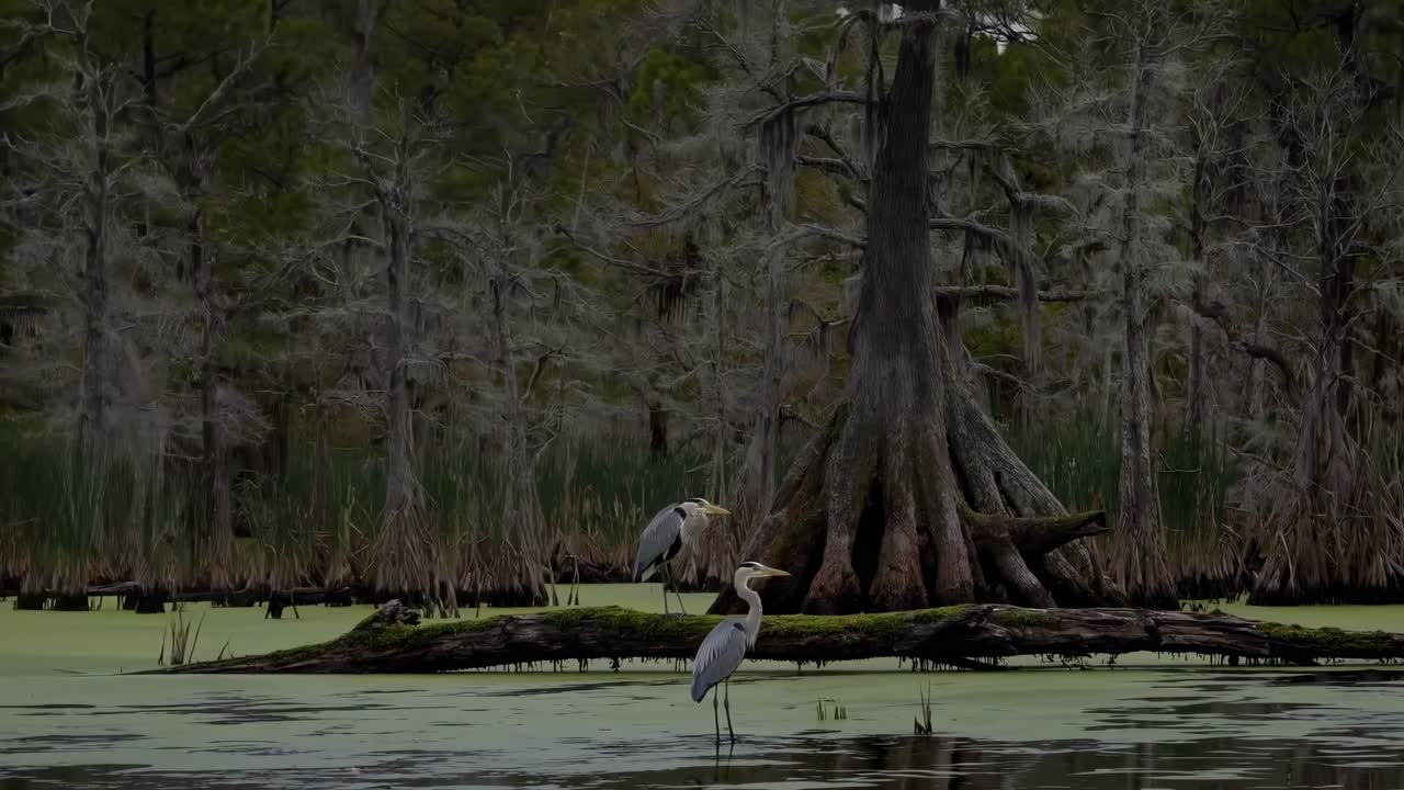 A serene swamp scene video with a low-angle view, capturing herons and a cypress tree