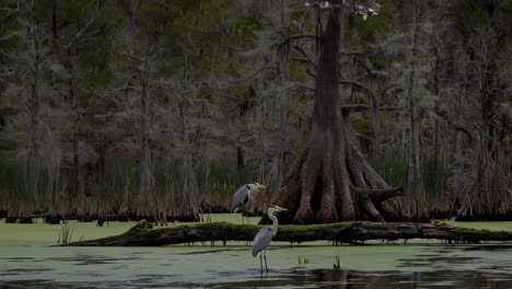 a serene swamp scene video with a low-angle view, capturing herons and a cypress tree