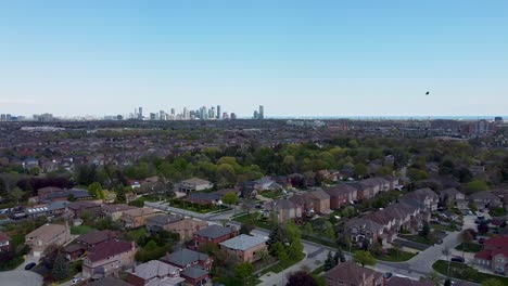 Disparo-De-Un-Dron-En-Círculos-Lentos-Con-Un-Pájaro-Volando-Sobre-El-Soleado-Barrio-De-Mississauga