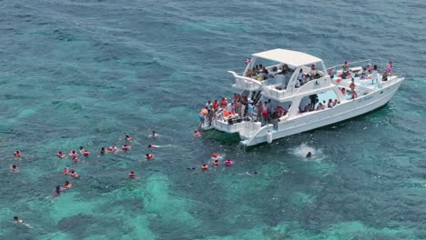 aerial top down shot showing group of tourist with lifevest diving and swimming in clear water with coral reefs during boats tour