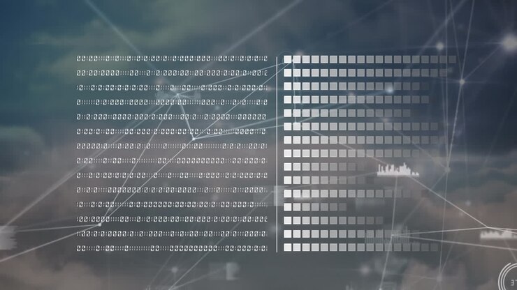 Animation of binary coding data processing and network of connections
