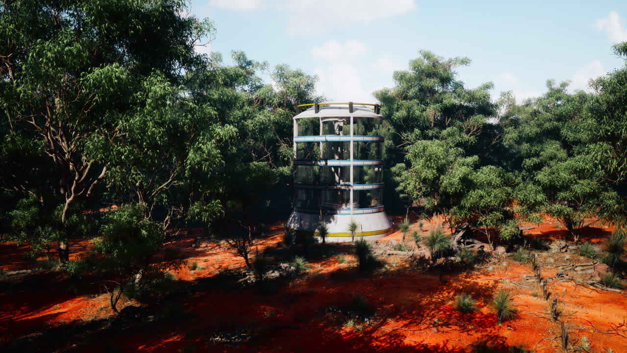 un edificio futurista en un bosque