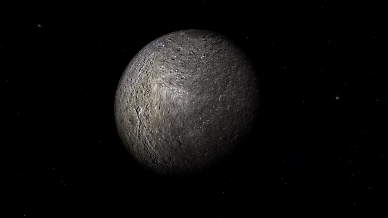 рея, луна сатурна, вращающаяся по своей орбите в космическом пространстве.