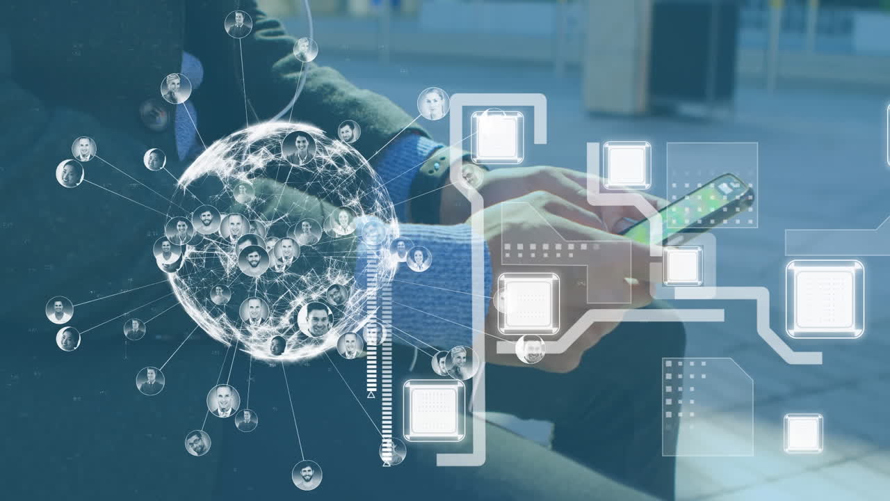 스마트 폰을 사용하는 사업가에 대한 아이콘과 연결 네트워크의 애니메이션