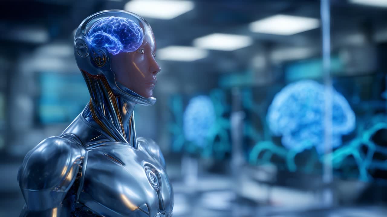 A futuristic robot with a glowing brain interface symbolizes the merging of artificial intelligence and human cognition in a high-tech laboratory environment