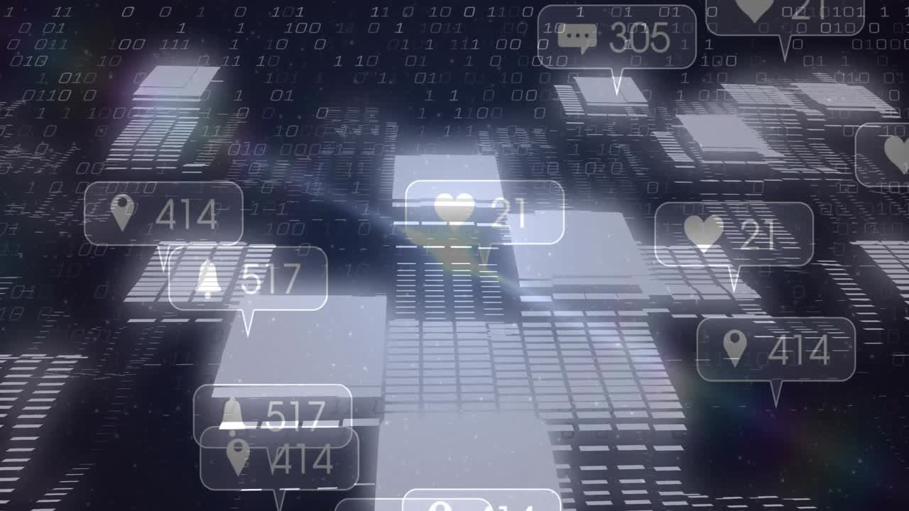 Drifting binary streams causing numeric overlays animating over glowing blocks showing growth