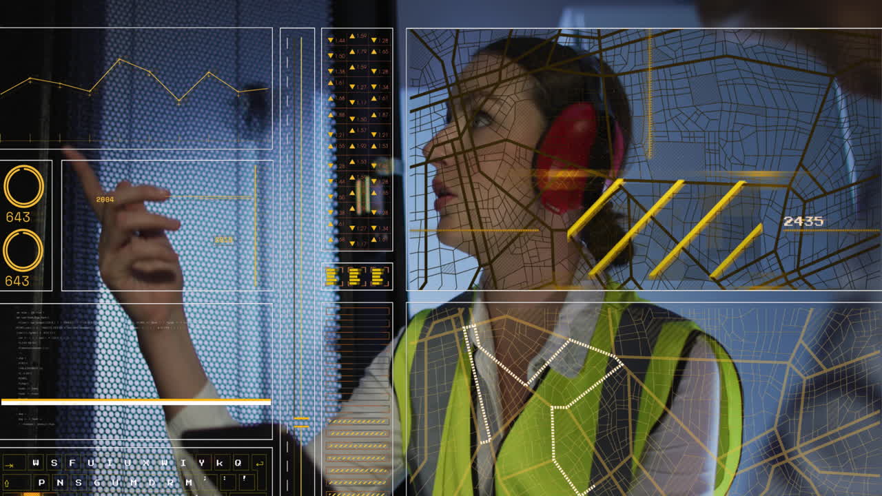 Animation of interface with data processing over caucasian female engineer working at server room
