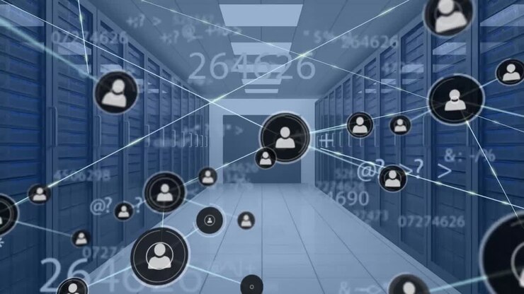 Animasjon av nettverk av forbindelser og databehandling over serverrom