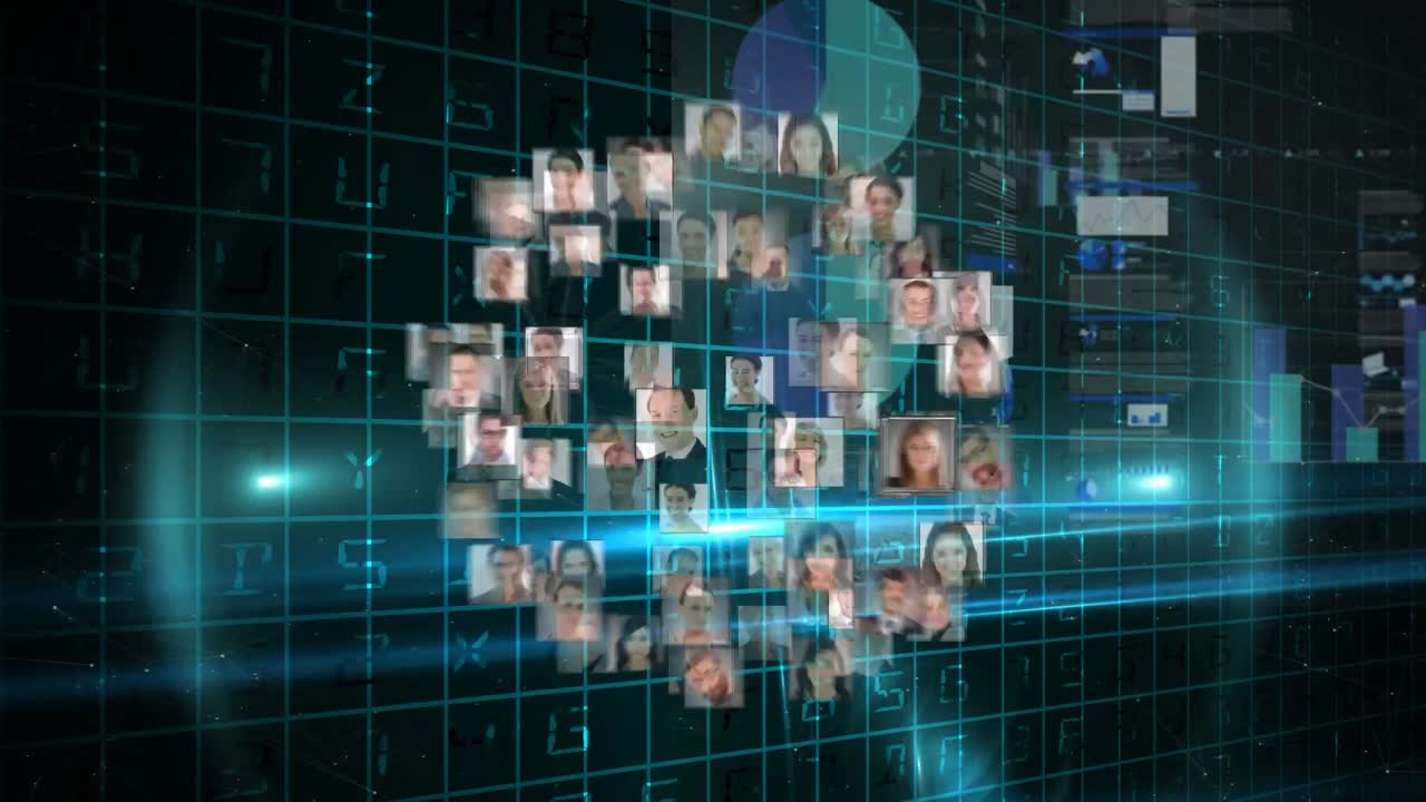 Globe of profile icons spinning against digital interface with data processing on black background