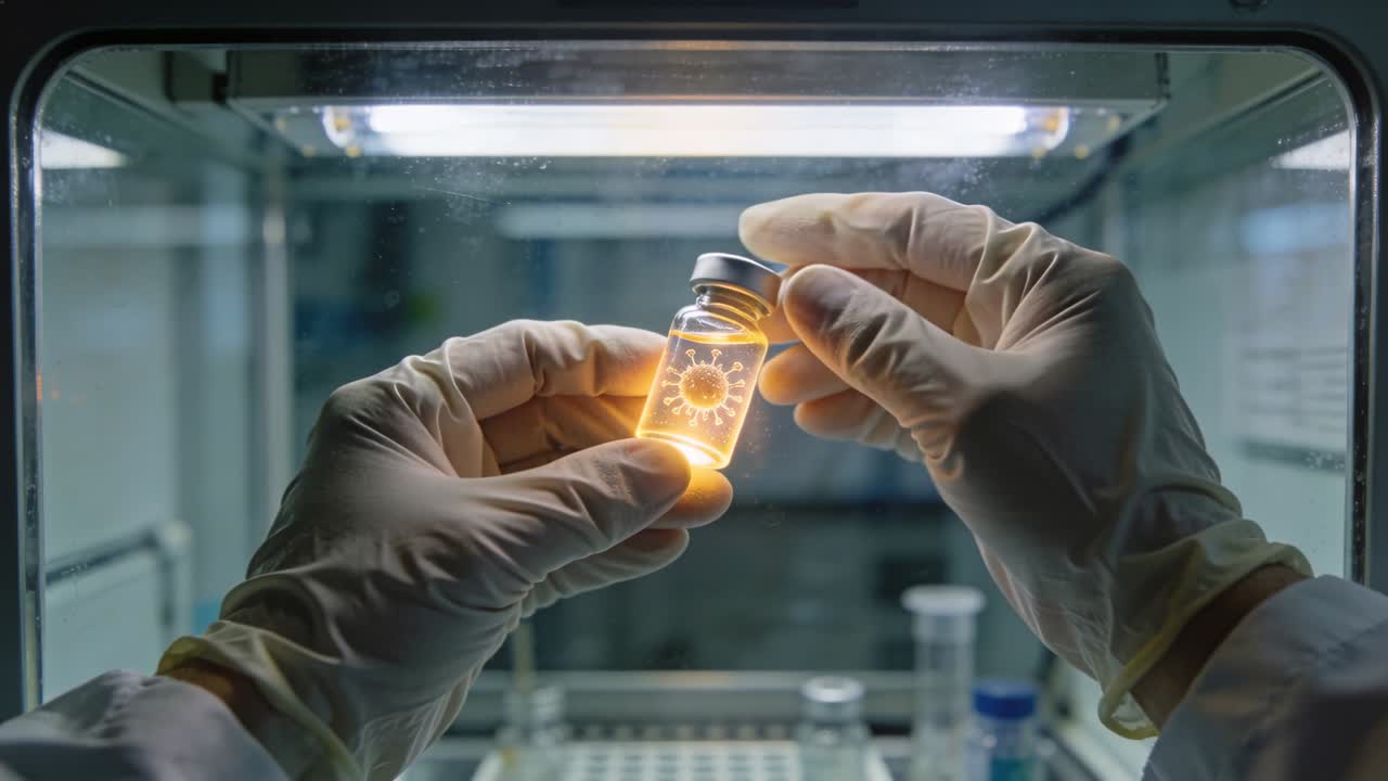 Entering lit lab gloved hands reaching holding and centering vial with amber glow for inspection