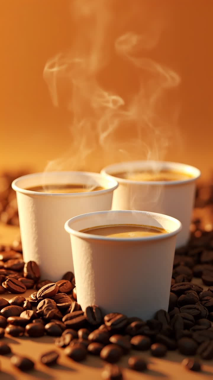 Three Steaming Cups of Coffee with Coffee Beans