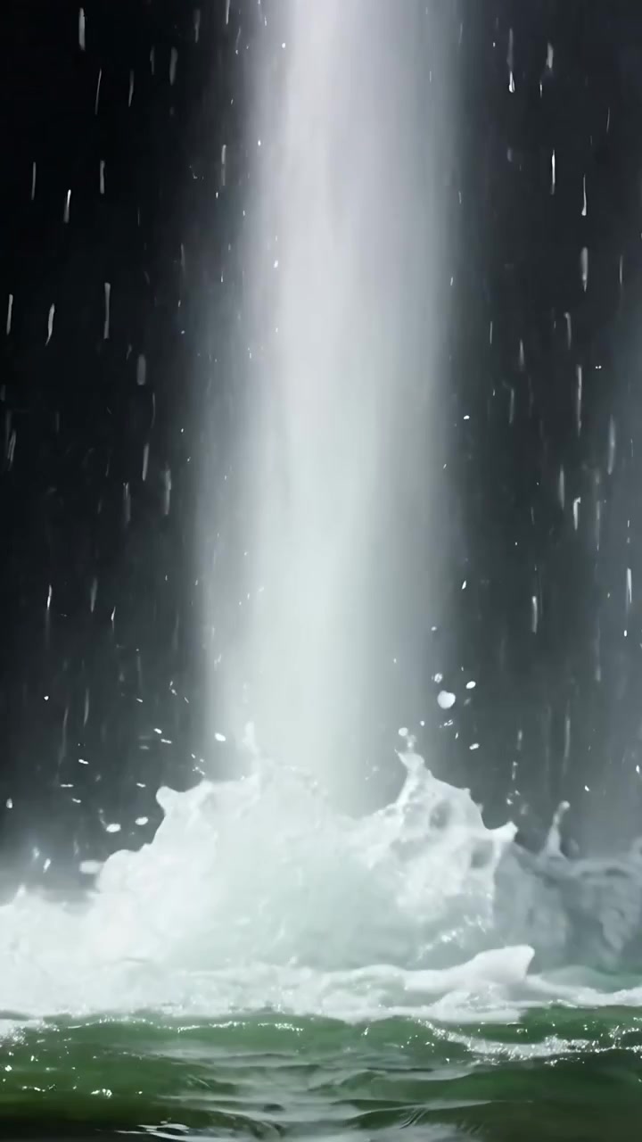 Vertical video: Plunging water column striking green pool in studio, making white spray foam mist